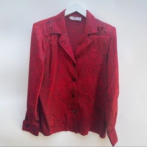 Vintage Valentino Red Silk Cheetah Long Sleeve Blouse 42